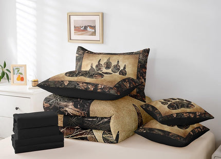 Erosebridal Rustic Farmhouse Bedding Sets Twin 7 Piece Camo Bear Paw Comforter Set Woodland Hunting Camouflage Animal Bed in A Bag for Kids Boys Men,Retro Cabin Wildlife Sheet Set with Comforter