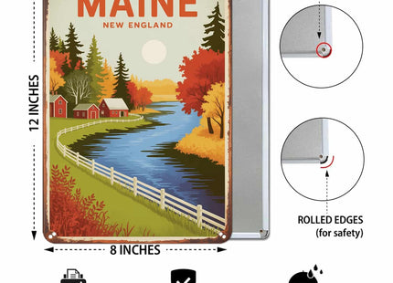 Maine Travel Poster Tin Sign Rustic New England Wall Decor (8X12 IN)