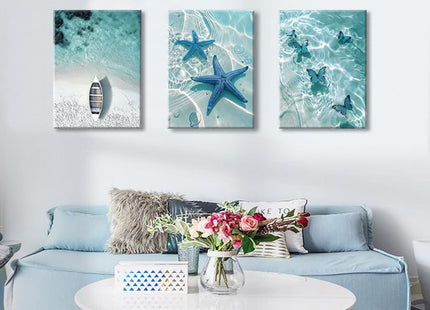 Ocean Wall Art Beach Canvas Print Starfish Shell on Teal Board Paintings Coastal Seascape Picture Blue Butterfly Artwork for Home Kitchen Bathroom Living Room Wall Decor Ready to Hang 16"x24"x3pcs