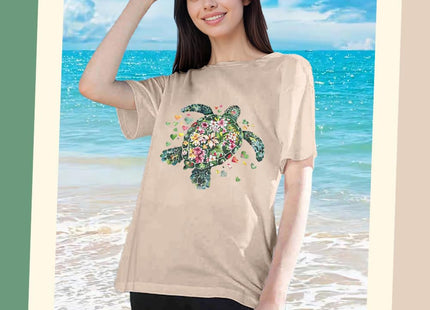 Turtle Tshirts Women Sea Turtle Floral Graphic Tee Short Sleeve,Khaki,XL
