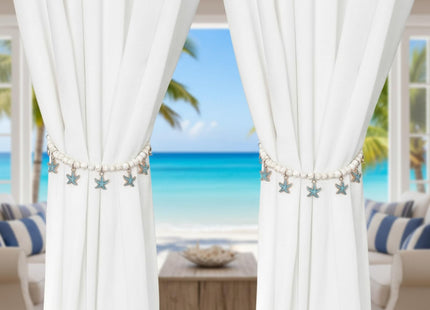 GliCraft 4 Pcs Magnetic Starfish Themed Curtain Tiebacks Ocean Coastal Pearl Bead Curtain Tiebacks Holders Boho Farmhouse Bedroom Decor Accessories for Home Office Hotel Living Room