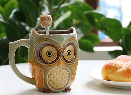 SQOWL 3D Owl Mug, Ceramic Coffee Cup with Spoon, Cyan, 12oz