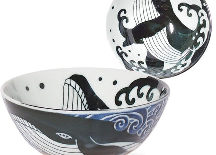 Minoru Touki White Wave Whale Blue Ceramic Rice Bowl Small φ4.72×H2.4in 5.64oz Made in Japan