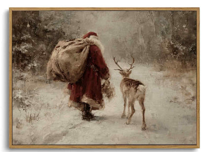Framed Vintage Christmas Santa Deer Canvas Wall Art 8x10in