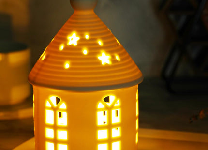 Yeerockal Ceramic Lighthouse Home Decoration Tabletop Handcarved Porcelain Figures with LED Light Battery Included