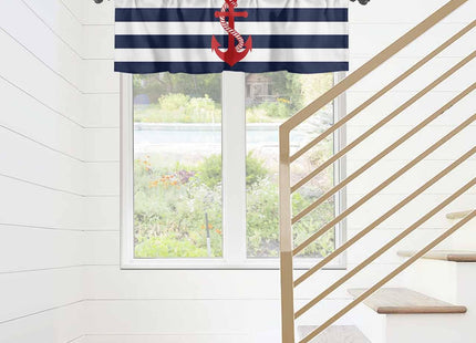 Chucoco Nautical Valance Curtain for Window, Red Anchor Rod Pocket Kitchen Valances Navy Blue White Stripe Short Curtain Panel Windows Treatment Drapes for Bathroom/Bedroom/Living Room