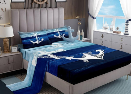 Castle Fairy White Anchor Sheets Set King,Nautical Style Ocean Adventure Decor Bedding Set for Youth Women Bedroom,Ombre Blue Wooden Stripes Bed Set with Deep Pocket Fitted Sheet with 2 Pillow Case
