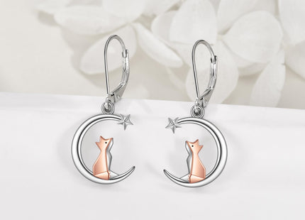 Fox Earrings 925 Sterling Silver Moon Fox Leverback Drop Dangle Earrings Origami Fox Jewelry Gift for Women