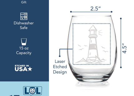 Lighthouse Stemless Wine Glass - Coastal, Cottage, Lighthouse Gift - 2 Glasses