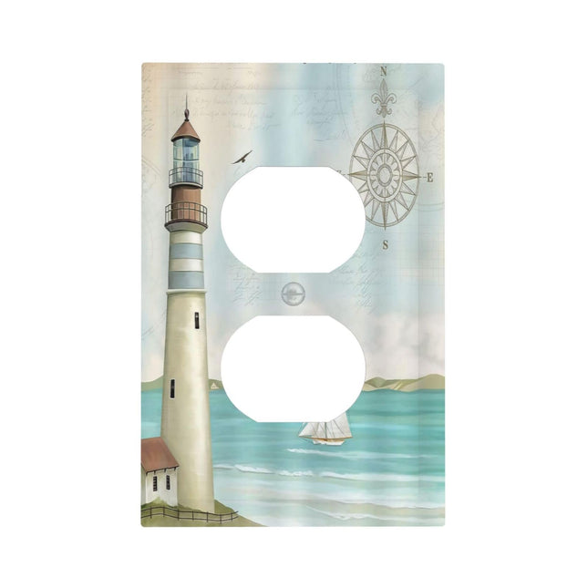 Nautical Lighthouse Ocean Coastal Compass 1 Gang Outlet Plate Decorative Single Duplex Wall Plate Covers Electrical Receptacle Light Switch Cover Art Faceplate Switchplate for Country Bathroom Decor
