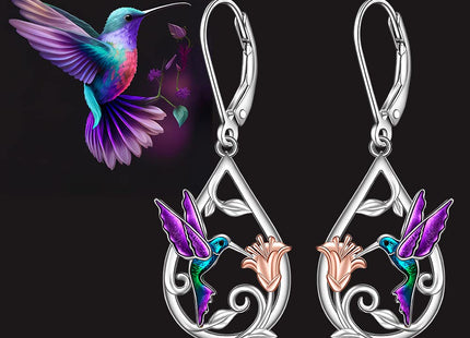 Hummingbird Earrings for Women Sterling Silver Purple Hummingbird Dangle Earrings Sterling Silver Memorial Cute Bird Flower Jewelry Mothers Day Gifts