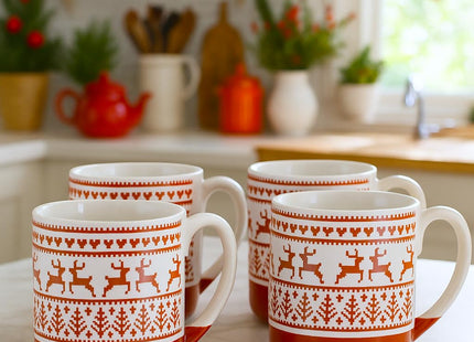 10 Strawberry Street Embossed Reindeer Ceramic Mug, Set of 4 (Red), S4MUG-XMAS