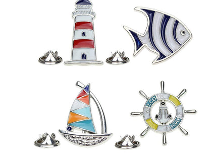 Acxico 4Pcs Creative Metal Cartoon Brooch Set Sailboat Lighthouse Rudder Tropical Fish Shape Lapel Pin Jacket Denim Collar Backpack Pin
