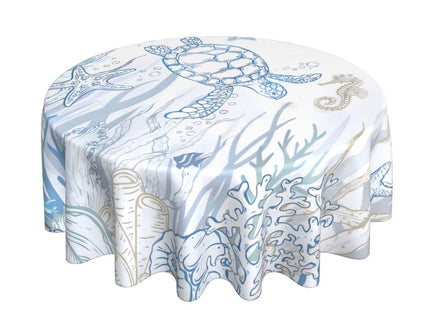 Jecuwo Nautical Coastal Round Tablecloth 60 Inch Turtle Coral Starfish Table Cover Seashell Ocean Beach Washable Decoration Tablecloth Indoor and Outdoor Dining Table Home Party Decor