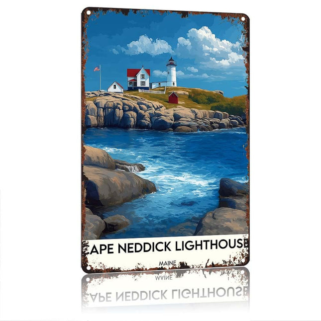HSFHXY Vintage Cape Neddick Lighthouse Maine Coastal Landscape Metal Tin Sign, 12x8in Aluminum Retro Rustic Wall Art Decor, Waterproof Anti-rust for Home Bar Cafe Garage Living Room Outdoor Decoration