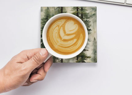 Misty Pine Tree Square Ceramic Coasters Set of 6 Pack, Mountain Green Forest Landscape Foggy Botany Stone Drink Coaster with Cup Holder Anti-Scratc Cork Backing Bar Kitchen Home Housewarming Gift