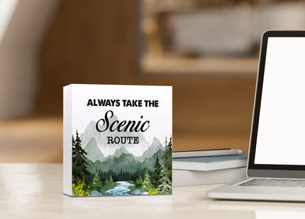 Green Always Take the Scenic Route Woodland Backdrop Camping Wood Plaque Sign Desk Decor,Rustic Camping Quote Wood Block Sign Desk Decoration for Home Camper RV Shelf Table Decor