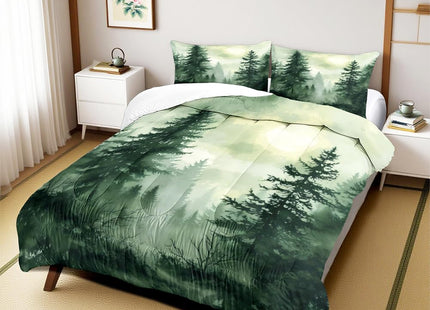 CCoutueChen Olive Green Botanical Comforter Set Queen Size Green Woodland Forest Tree Comforters Ombre Nature Landscape Bedding Set Army Green Pine Trees Bedding Ultra Soft Microfiber