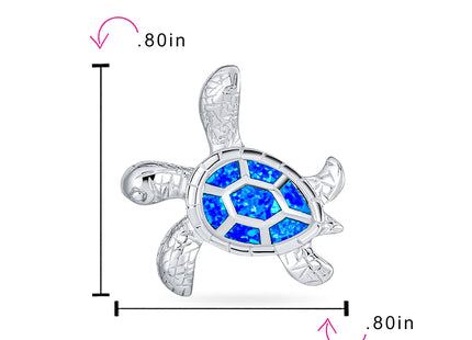 Nautical Blue Created Opal Turtle Pendant Necklace .925 Sterling Silver