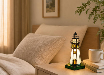 Bieye L10221 Lighthouse 10 inch Tiffany Style Stained Glass Accent Table Lamp for Home Decor