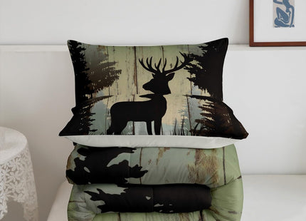 Castle Fairy Deer Hunting Comforter Set King Size,Rustic Farmhouse Wooden Bedding Set 3pcs for Kids Teens Adults Room Decor,Pine Botanical Animals Silhouette Quilted Duvet Retro Brown Bedspread