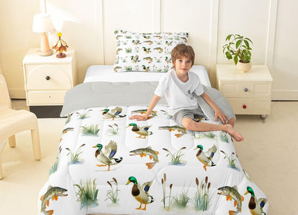 Erosebridal Mallard Duck Toddler Comforter Set Bass Fish Hunting Bedding Set for Kids Boys Girls Wild Duck Reed Woodland Comforter Pike Fish Waterfowl Duvet Insert