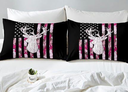 Erosebridal Pink Camo Deer Bedding Set Hunting Duvet Cover Twin Retro Camouflage American Flag Cover for Comforter,Western Farmhouse Antlers Quilt Cover for Kids Girls Teen Women with Zipper 2 Pcs
