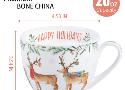 MFoffice Christmas Reindeer Mug – 20oz Bone China Coffee Tea Hug Mug with Happy Holidays Inside, Perfect Christmas or Any Holiday Gift for Women & Men – Designed in England by Harvest Green Studio