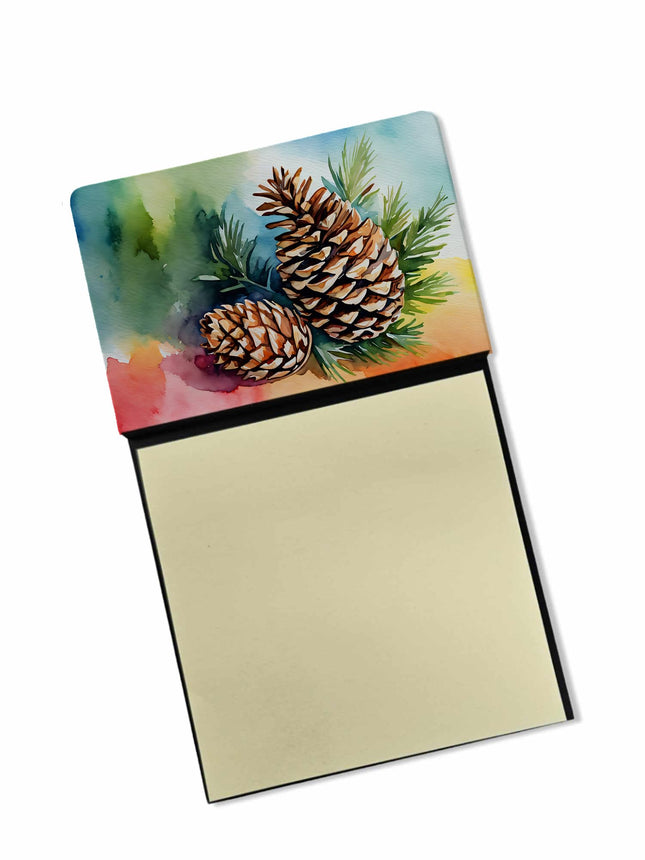 Caroline's Treasures Maine White Pine Cone and Tassels in Watercolor Sticky Note Holder Refillable Dispenser Self-Sticky Note Pads, Memo Pads Blank Desk Accessories
