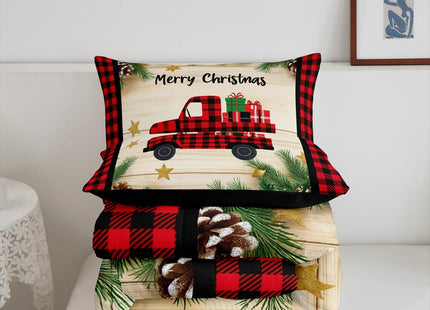Kids Christmas Car Comforter Set Xmas Rustic Plaid Truck Bedding Set Twin,Christmas Red Black Buffalo Plaid Check Bedding Comforter Sets Farmhouse Pine Tree Leaf Quilt Duvet With 1 Pillow Case