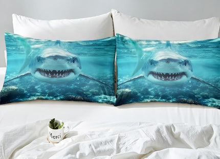 3D Shark Bed Sheets For Kids Boys Teens Marine Life Ocean Shark Sheet Set Sea Underwater Fitted Sheet Aquatic Animal Bedding Set, Nautical Flat Sheet Room Decor 4Pcs Sheets Full Size, Blue White