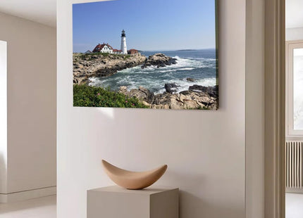 Canvas Wall Art Prints Lighthouse Head Light Portland Maine New England Rocky Shore Poster for Living Room Bedroom Home Office Kitchen Hallway Background Wall Decor Framed (Framed,12x18 inch)