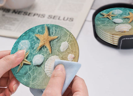 Niukom 6 Pcs Starfish and Seashell On The Summer Beach in Sea Water. Leather Coasters for Drinks with Holder Coaster Sets Drink Table Cup Coasters for Living Room Kitchen Coffee Decor