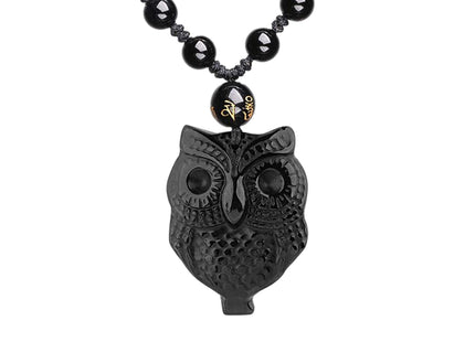 ASGIFT Cute Owl Necklace Black Obsidian Owl Animal Protection Pendant with Adjustable Bead Chain Good Luck Owl Necklace Jewelry Gift for Women Men