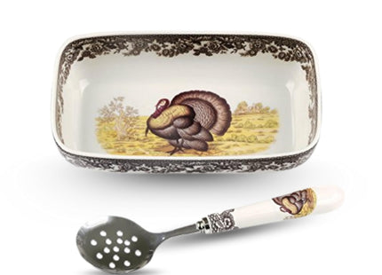 Spode – Woodland – Woodland Cranberry Dish with Slotted Spoon, Set of 2