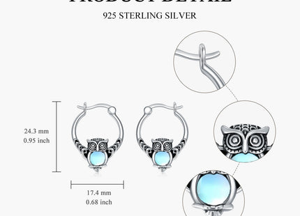 Vintage Owl Moonstone Hoop Earrings 925 Sterling Silver Boho Owl with Moonstone Hoop Earrings for Women Gifts