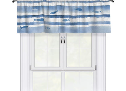 Granbey Nautical Coastal Valances for Windows Blue and White Striped Kitchen Curtain Fish Aquatic Print Beach Themed Window Valance with Rod Pocket Light Filtering 54 x 18 Inch, 1 Pack