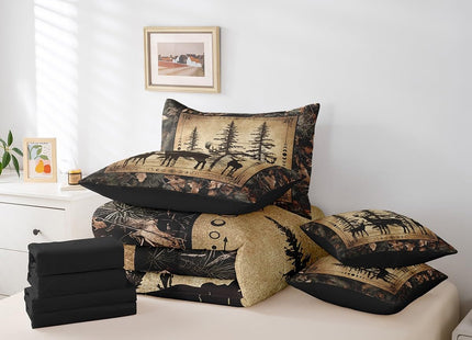 Erosebridal Camo Deer Full Comforter Set 7 Piece for Kids Boys Teen,Tree Branches Camouflage Hunting Bedding Set Woodland Animal Bed in A Bag Retro Pine Tree Wildlife Sheet Set with Comforter