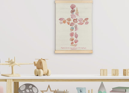 SereneHanctuary Pink Coastal Beach Christian Wall Art, Bible Verse Wall Decor, Psalm 93:4 Scripture Pink Seashell Poster Hanger Frame for Girls Bedroom Home Church Decor, 12x16 Inches
