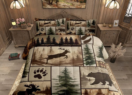 Feelyou Western Rustic Bear Deer Comforter Set Full Size, Country Farmhouse Duvet Insert, Rustic Cabin Bedding Set,Elk Forest Animal Wildlife Hunting Patchwork Lodge Quilt, 2 Pillow Shams