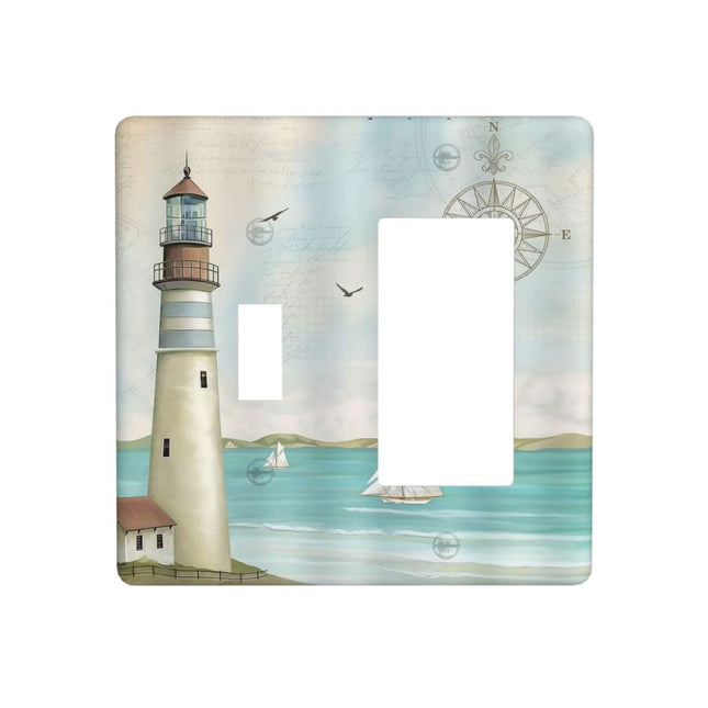 Nautical Lighthouse Ocean Coastal Compass 2 Gang Single Toggle Rocker Combination Light Switch Cover Decorative Wall Plate Cover Electrical Faceplate Switchplate for Country Bathroom Bedroom Decor