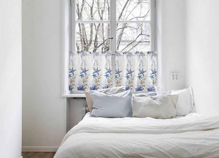 Ocean Beach Starfish Kitchen Curtain 24 Inch Length Small Short Cafe Tiers Drape, Blue Coastal Coral Shell Nautical Boat Window Treatment Rod Pocket Bathroom Bedroom Drapery Panels Curtains, 55x24