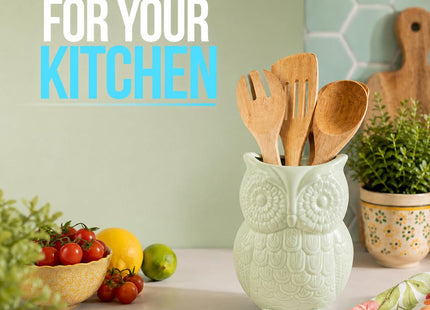 Comfify Sage Green Owl Utensil Holder – Decorative Ceramic Kitchen Crock