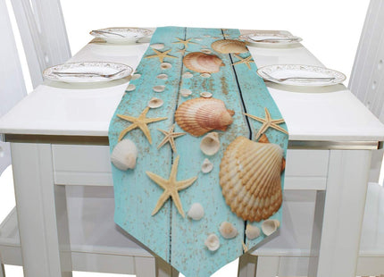 Double-Sided Ocean Theme Seashell Starfish Blue Wooden Table Runner 13 x 70 Inches Long,Table Cloth Runner for Wedding Party Holiday Kitchen Dining Home Everyday Decor