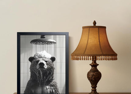 XYHYRA Funny Bear Bathroom Wall Art, Black and White Animal Shower Canvas Print Picture, Cute Bear Taking Bath Poster, Modern Farmhouse Bathroom Restroom Home Wall Decor 12x16 inch Wood Framed