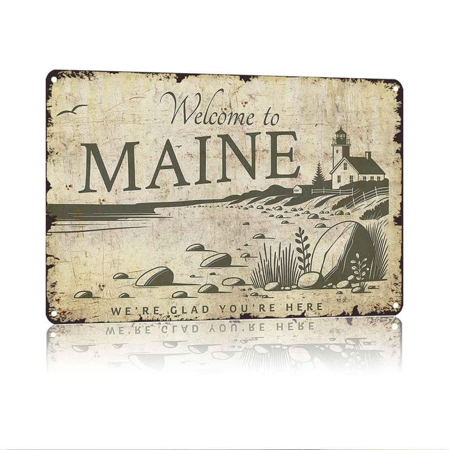 Vintage Welcome to Maine We Are Glad You Are Here 8x12 Inch Aluminum Metal Sign Retro Funny Coastal Lighthouse Decor for Farmhouse Man Cave Garage Bathroom Kitchen Wall Art