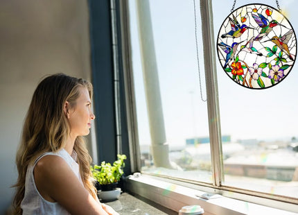 Hummingbird and Flowers Stained Glass Window Hanging - 8″ Hummingbird Suncatcher Indoor Window Hanging Decor Birds Ornaments with Chain and Hooks - Hummingbird Gifts for Women Mom Grandma Bird Lovers