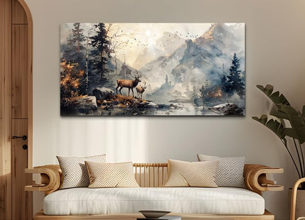FUHAIHUA Canvas Wall Art for Living Room, Mountain Forest Deer Landscape 30x60 Inches