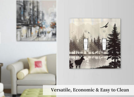 Misty Forest Deer Mountain Tree Black Woodland Lake Nature 2 Gang Light Switch Cover Double Toggle Wall Plate Decorative Switchplate Electrical Faceplate for Bathroom Kitchen Bedroom Decor