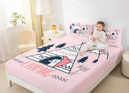 Manfei Happy Camping Campers Fitted Sheet Twin, Tent Pines Bear Sketch Bedding Set, Happy Outdoors Natural Bed Cover 2Pcs for Kids Teens Adults Room Decor,Rustic Pink Bed Sheet Set with 1 Pillowcase